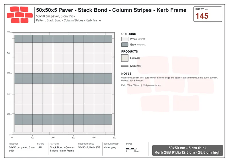 Interlock (Pasco) 50x50 cm · SQ55-145 · Stack Bond - Column Stripes - Kerb Frame · Laying plan Interlock (Pasco) 50x50 cm · SQ55-145 · Stack Bond - Column Stripes - Kerb Frame · Laying plan