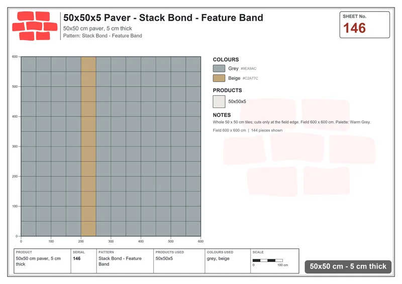 Interlock (Pasco) 50x50 cm · SQ55-146 · Stack Bond - Feature Band · Laying plan Interlock (Pasco) 50x50 cm · SQ55-146 · Stack Bond - Feature Band · Laying plan