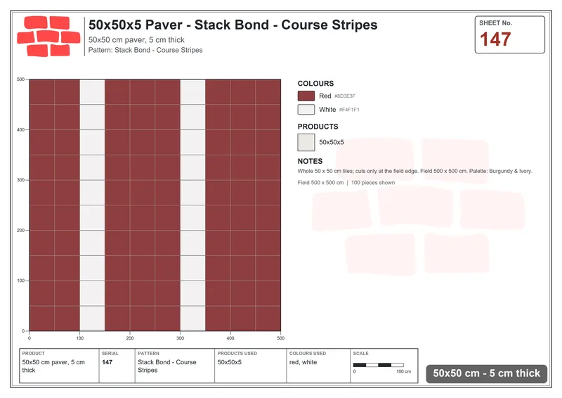 Interlock (Pasco) 50x50 cm · SQ55-147 · Stack Bond - Course Stripes · Laying plan Interlock (Pasco) 50x50 cm · SQ55-147 · Stack Bond - Course Stripes · Laying plan