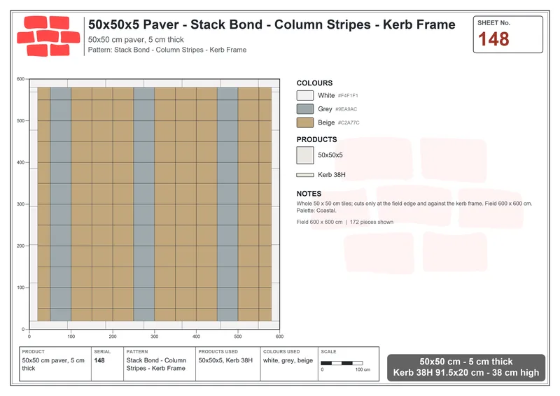 Interlock (Pasco) 50x50 cm · SQ55-148 · Stack Bond - Column Stripes - Kerb Frame · Laying plan Interlock (Pasco) 50x50 cm · SQ55-148 · Stack Bond - Column Stripes - Kerb Frame · Laying plan