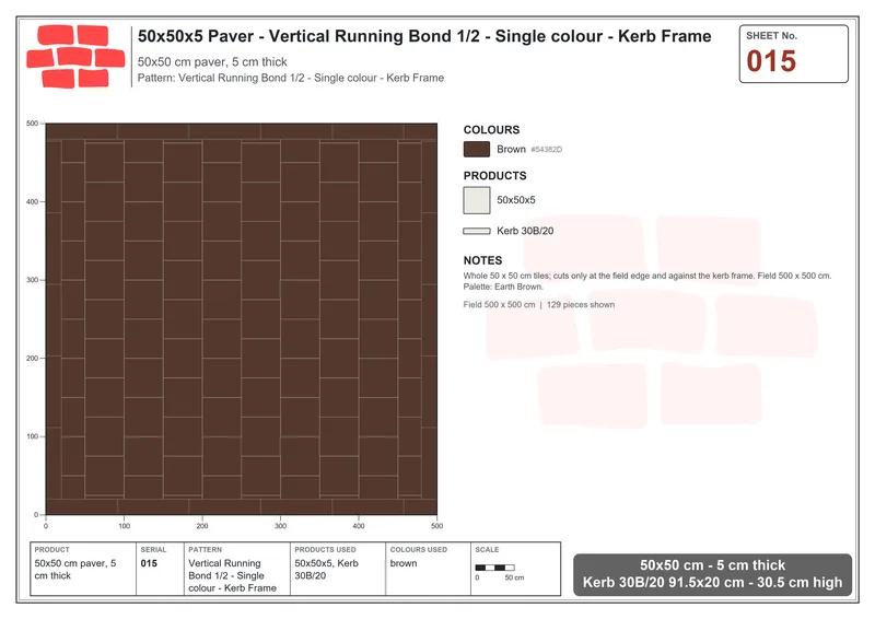 Interlock (Pasco) 50x50 cm · SQ55-15 · Vertical Running Bond 1/2 - Single colour - Kerb Frame · Laying plan Interlock (Pasco) 50x50 cm · SQ55-15 · Vertical Running Bond 1/2 - Single colour - Kerb Frame · Laying plan