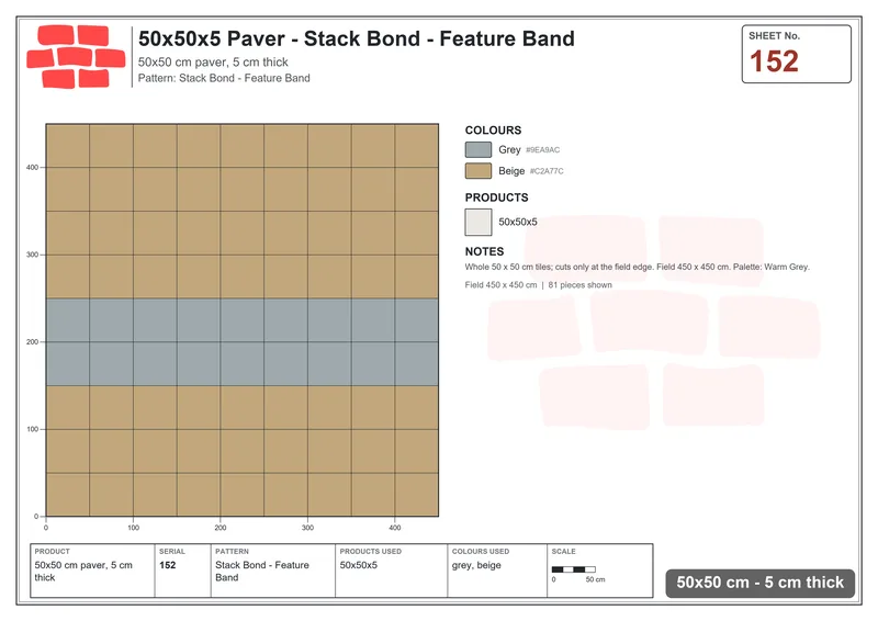 Interlock (Pasco) 50x50 cm · SQ55-152 · Stack Bond - Feature Band · Laying plan Interlock (Pasco) 50x50 cm · SQ55-152 · Stack Bond - Feature Band · Laying plan