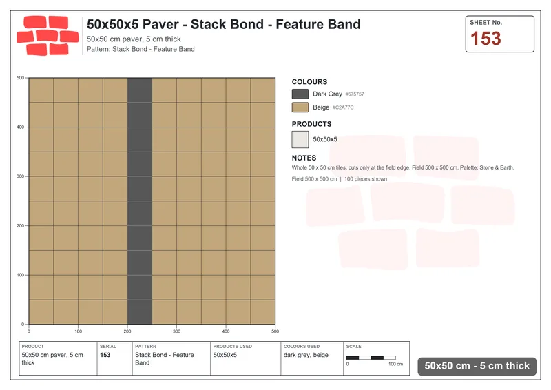 Interlock (Pasco) 50x50 cm · SQ55-153 · Stack Bond - Feature Band · Laying plan Interlock (Pasco) 50x50 cm · SQ55-153 · Stack Bond - Feature Band · Laying plan