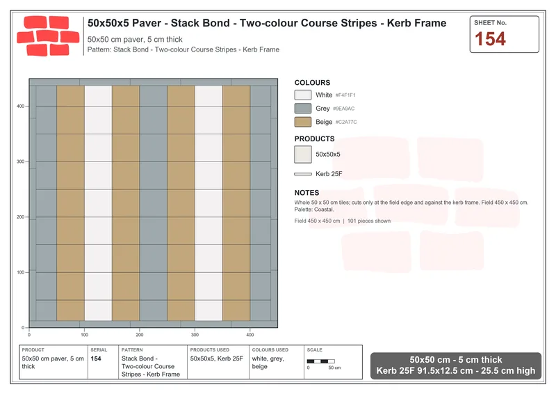 Interlock (Pasco) 50x50 cm · SQ55-154 · Stack Bond - Two-colour Course Stripes - Kerb Frame · Laying plan Interlock (Pasco) 50x50 cm · SQ55-154 · Stack Bond - Two-colour Course Stripes - Kerb Frame · Laying plan