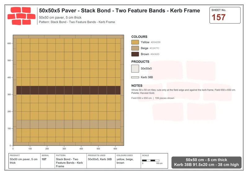 Interlock (Pasco) 50x50 cm · SQ55-157 · Stack Bond - Two Feature Bands - Kerb Frame · Laying plan Interlock (Pasco) 50x50 cm · SQ55-157 · Stack Bond - Two Feature Bands - Kerb Frame · Laying plan