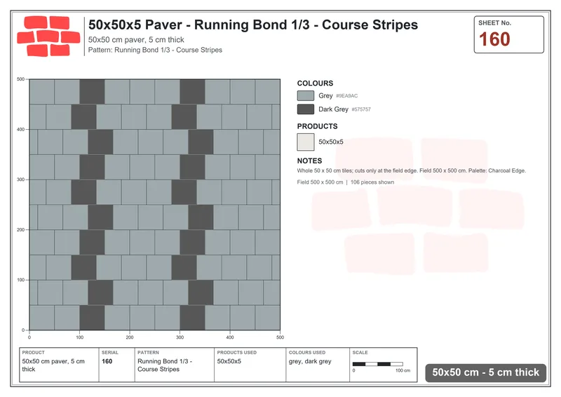 Interlock (Pasco) 50x50 cm · SQ55-160 · Running Bond 1/3 - Course Stripes · Laying plan Interlock (Pasco) 50x50 cm · SQ55-160 · Running Bond 1/3 - Course Stripes · Laying plan