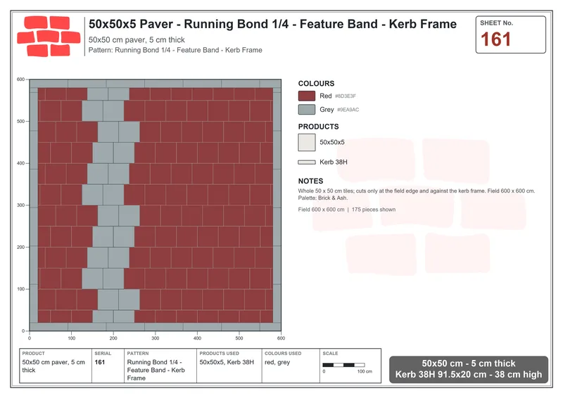 Interlock (Pasco) 50x50 cm · SQ55-161 · Running Bond 1/4 - Feature Band - Kerb Frame · Laying plan Interlock (Pasco) 50x50 cm · SQ55-161 · Running Bond 1/4 - Feature Band - Kerb Frame · Laying plan
