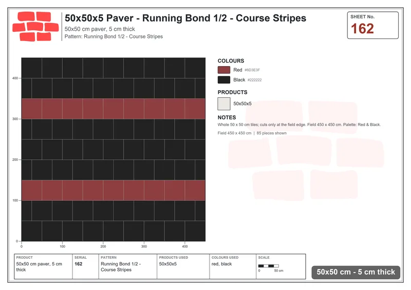 Interlock (Pasco) 50x50 cm · SQ55-162 · Running Bond 1/2 - Course Stripes · Laying plan Interlock (Pasco) 50x50 cm · SQ55-162 · Running Bond 1/2 - Course Stripes · Laying plan