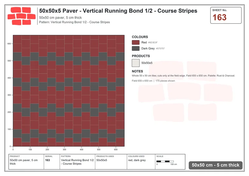 Interlock (Pasco) 50x50 cm · SQ55-163 · Vertical Running Bond 1/2 - Course Stripes · Laying plan Interlock (Pasco) 50x50 cm · SQ55-163 · Vertical Running Bond 1/2 - Course Stripes · Laying plan