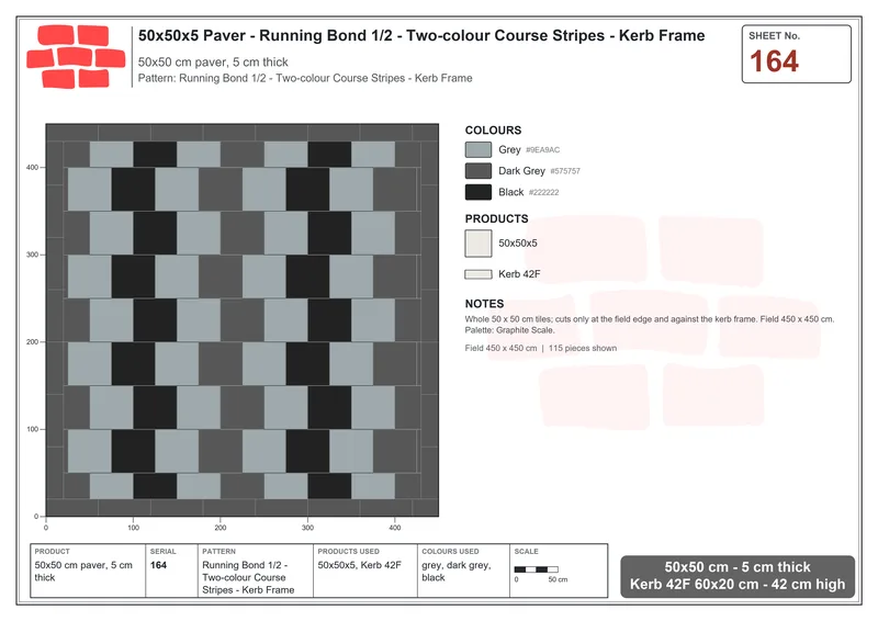 Interlock (Pasco) 50x50 cm · SQ55-164 · Running Bond 1/2 - Two-colour Course Stripes - Kerb Frame · Laying plan Interlock (Pasco) 50x50 cm · SQ55-164 · Running Bond 1/2 - Two-colour Course Stripes - Kerb Frame · Laying plan