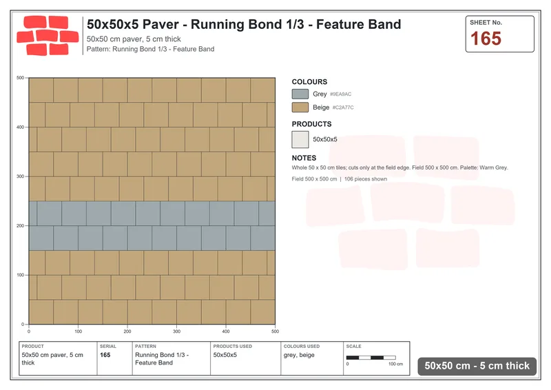 Interlock (Pasco) 50x50 cm · SQ55-165 · Running Bond 1/3 - Feature Band · Laying plan Interlock (Pasco) 50x50 cm · SQ55-165 · Running Bond 1/3 - Feature Band · Laying plan