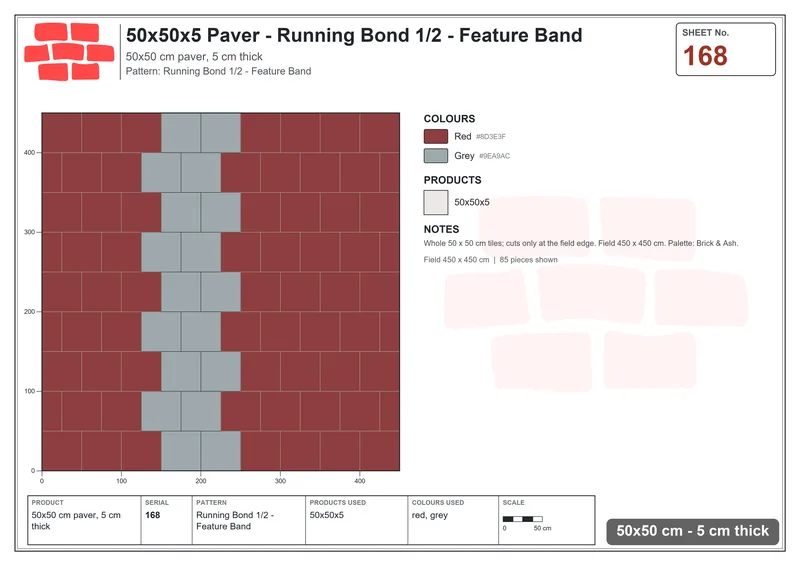 Interlock (Pasco) 50x50 cm · SQ55-168 · Running Bond 1/2 - Feature Band · Laying plan Interlock (Pasco) 50x50 cm · SQ55-168 · Running Bond 1/2 - Feature Band · Laying plan