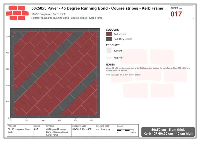 Interlock (Pasco) 50x50 cm · SQ55-17 · 45 Degree Running Bond - Course stripes - Kerb Frame · Laying plan Interlock (Pasco) 50x50 cm · SQ55-17 · 45 Degree Running Bond - Course stripes - Kerb Frame · Laying plan