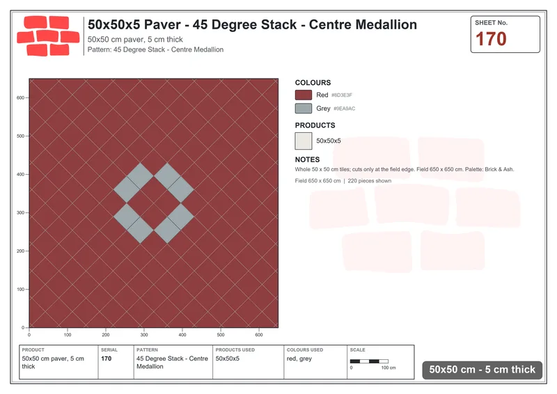 Interlock (Pasco) 50x50 cm · SQ55-170 · 45 Degree Stack - Centre Medallion · Laying plan Interlock (Pasco) 50x50 cm · SQ55-170 · 45 Degree Stack - Centre Medallion · Laying plan
