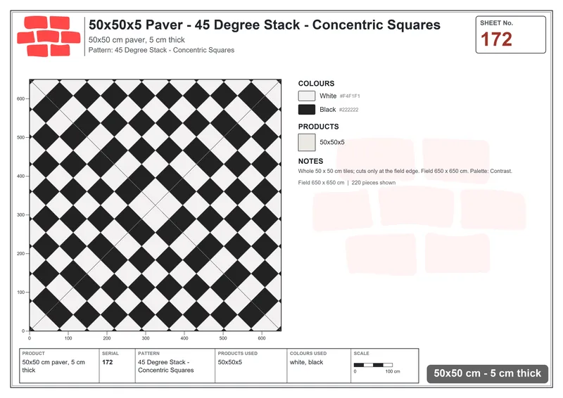 Interlock (Pasco) 50x50 cm · SQ55-172 · 45 Degree Stack - Concentric Squares · Laying plan Interlock (Pasco) 50x50 cm · SQ55-172 · 45 Degree Stack - Concentric Squares · Laying plan