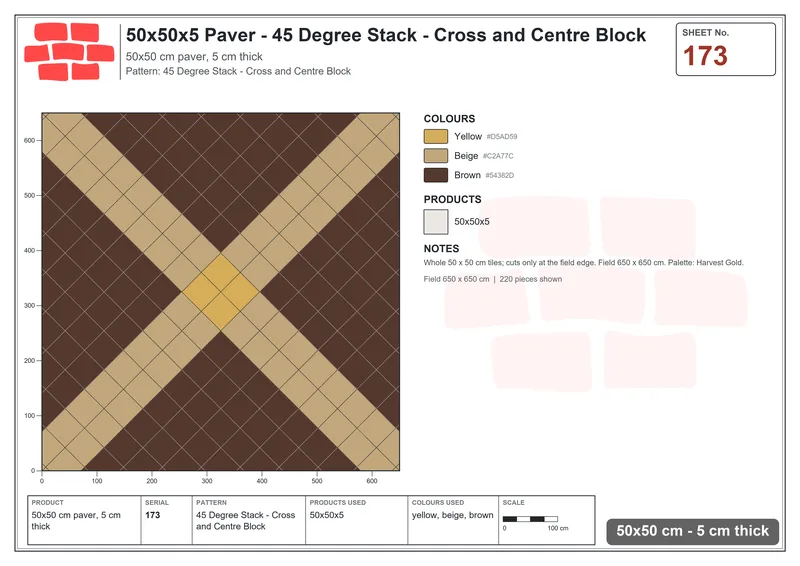 Interlock (Pasco) 50x50 cm · SQ55-173 · 45 Degree Stack - Cross and Centre Block · Laying plan Interlock (Pasco) 50x50 cm · SQ55-173 · 45 Degree Stack - Cross and Centre Block · Laying plan