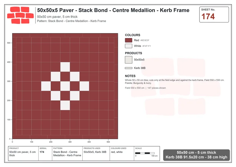 Interlock (Pasco) 50x50 cm · SQ55-174 · Stack Bond - Centre Medallion - Kerb Frame · Laying plan Interlock (Pasco) 50x50 cm · SQ55-174 · Stack Bond - Centre Medallion - Kerb Frame · Laying plan