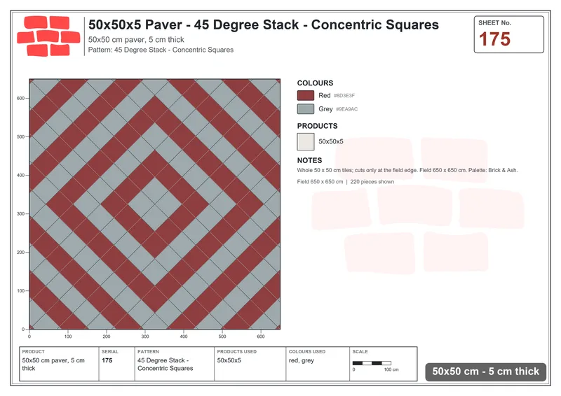 Interlock (Pasco) 50x50 cm · SQ55-175 · 45 Degree Stack - Concentric Squares · Laying plan Interlock (Pasco) 50x50 cm · SQ55-175 · 45 Degree Stack - Concentric Squares · Laying plan