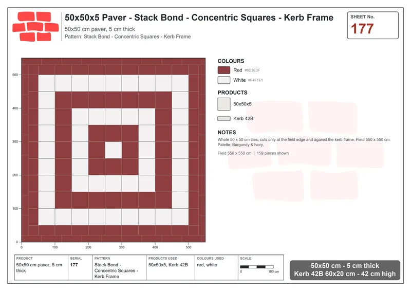 Interlock (Pasco) 50x50 cm · SQ55-177 · Stack Bond - Concentric Squares - Kerb Frame · Laying plan Interlock (Pasco) 50x50 cm · SQ55-177 · Stack Bond - Concentric Squares - Kerb Frame · Laying plan
