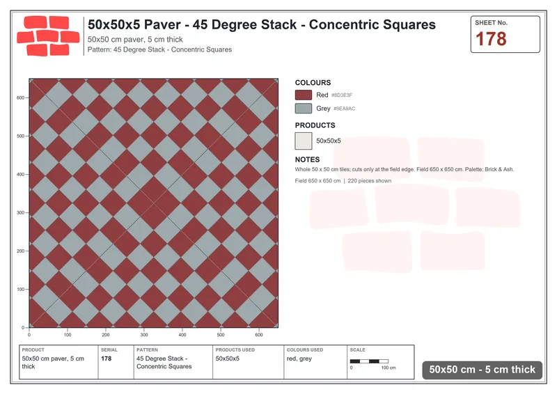 Interlock (Pasco) 50x50 cm · SQ55-178 · 45 Degree Stack - Concentric Squares · Laying plan Interlock (Pasco) 50x50 cm · SQ55-178 · 45 Degree Stack - Concentric Squares · Laying plan