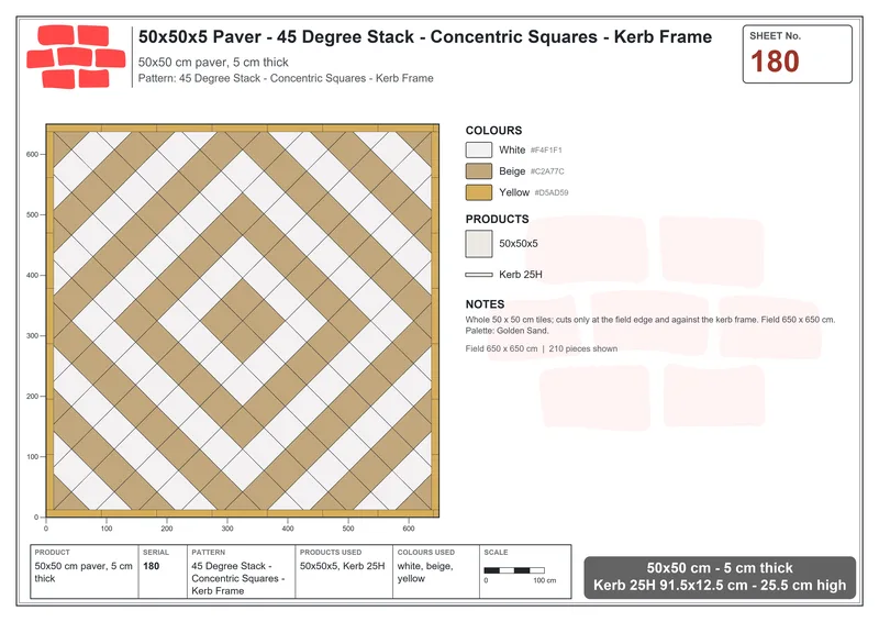 Interlock (Pasco) 50x50 cm · SQ55-180 · 45 Degree Stack - Concentric Squares - Kerb Frame · Laying plan Interlock (Pasco) 50x50 cm · SQ55-180 · 45 Degree Stack - Concentric Squares - Kerb Frame · Laying plan