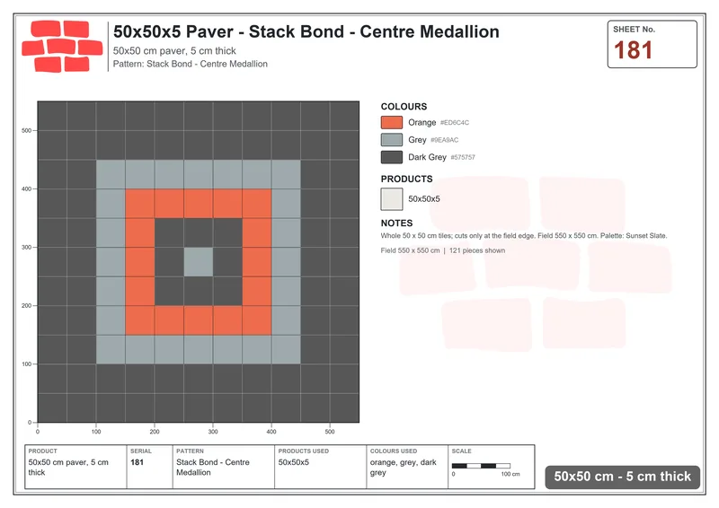 Interlock (Pasco) 50x50 cm · SQ55-181 · Stack Bond - Centre Medallion · Laying plan Interlock (Pasco) 50x50 cm · SQ55-181 · Stack Bond - Centre Medallion · Laying plan