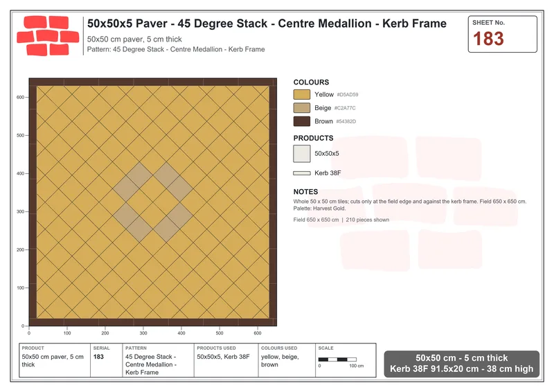 Interlock (Pasco) 50x50 cm · SQ55-183 · 45 Degree Stack - Centre Medallion - Kerb Frame · Laying plan Interlock (Pasco) 50x50 cm · SQ55-183 · 45 Degree Stack - Centre Medallion - Kerb Frame · Laying plan