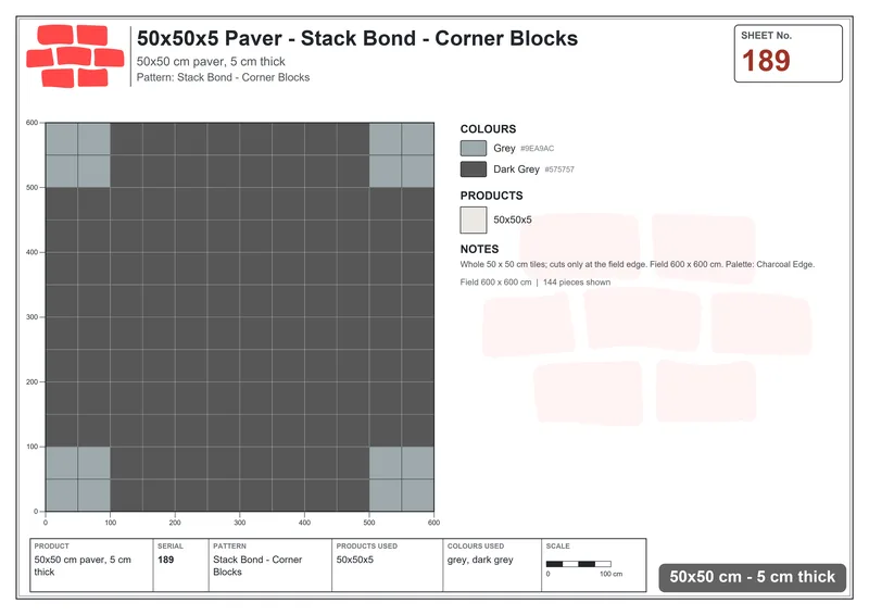 Interlock (Pasco) 50x50 cm · SQ55-189 · Stack Bond - Corner Blocks · Laying plan Interlock (Pasco) 50x50 cm · SQ55-189 · Stack Bond - Corner Blocks · Laying plan