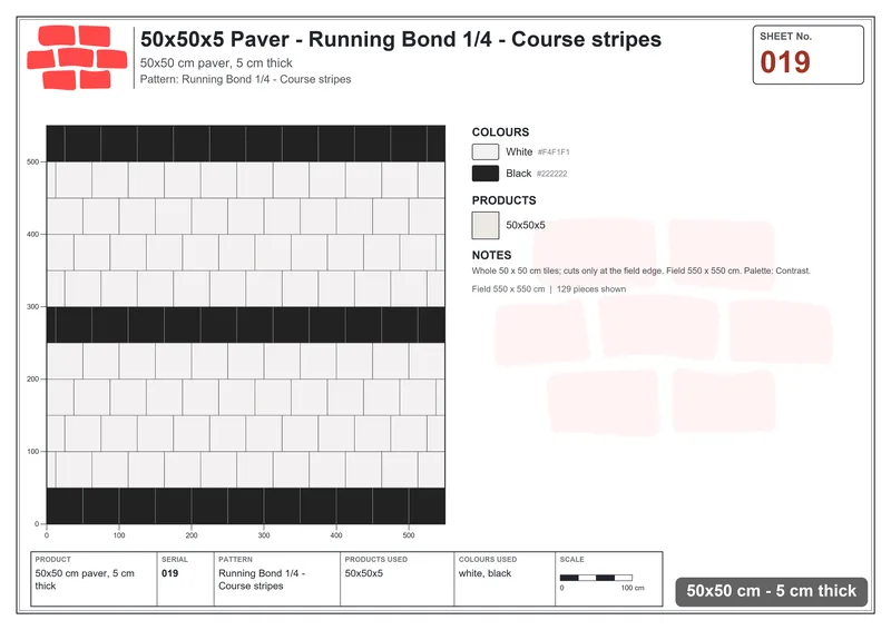 Interlock (Pasco) 50x50 cm · SQ55-19 · Running Bond 1/4 - Course stripes · Laying plan Interlock (Pasco) 50x50 cm · SQ55-19 · Running Bond 1/4 - Course stripes · Laying plan