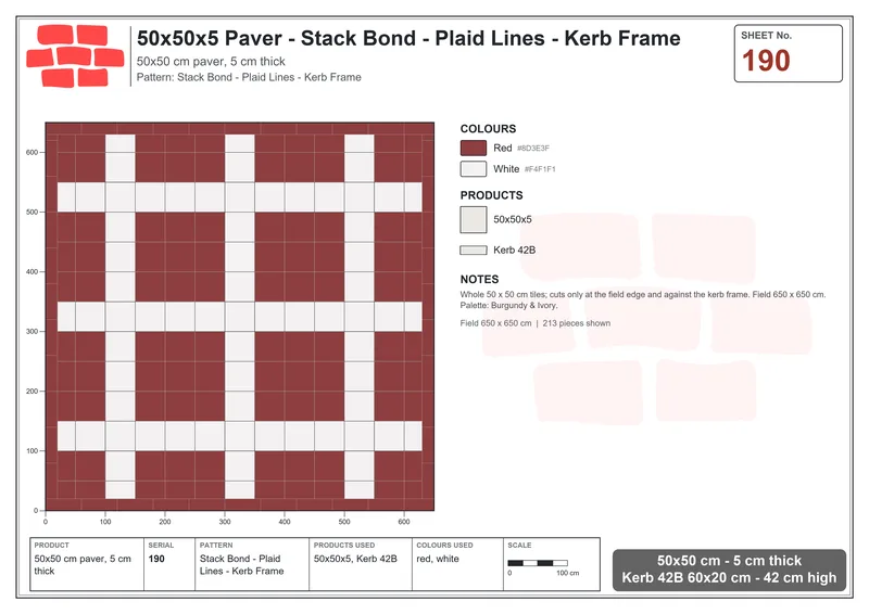 Interlock (Pasco) 50x50 cm · SQ55-190 · Stack Bond - Plaid Lines - Kerb Frame · Laying plan Interlock (Pasco) 50x50 cm · SQ55-190 · Stack Bond - Plaid Lines - Kerb Frame · Laying plan