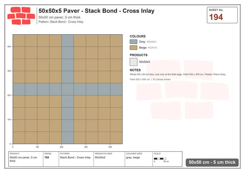 Interlock (Pasco) 50x50 cm · SQ55-194 · Stack Bond - Cross Inlay · Laying plan Interlock (Pasco) 50x50 cm · SQ55-194 · Stack Bond - Cross Inlay · Laying plan