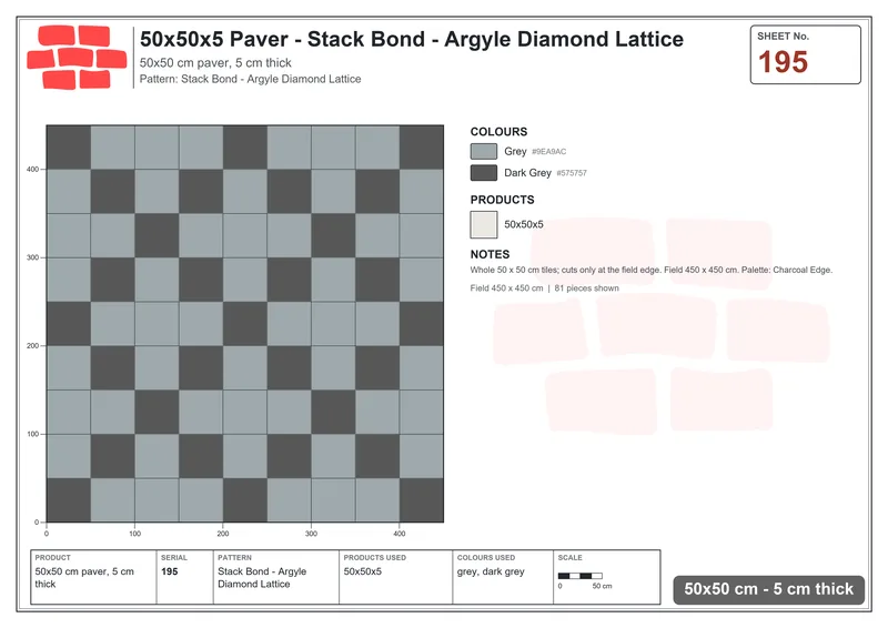Interlock (Pasco) 50x50 cm · SQ55-195 · Stack Bond - Argyle Diamond Lattice · Laying plan Interlock (Pasco) 50x50 cm · SQ55-195 · Stack Bond - Argyle Diamond Lattice · Laying plan