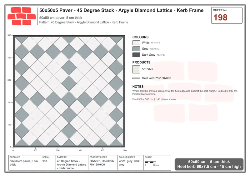 Interlock (Pasco) 50x50 cm · SQ55-198 · 45 Degree Stack - Argyle Diamond Lattice - Kerb Frame · Laying plan Interlock (Pasco) 50x50 cm · SQ55-198 · 45 Degree Stack - Argyle Diamond Lattice - Kerb Frame · Laying plan