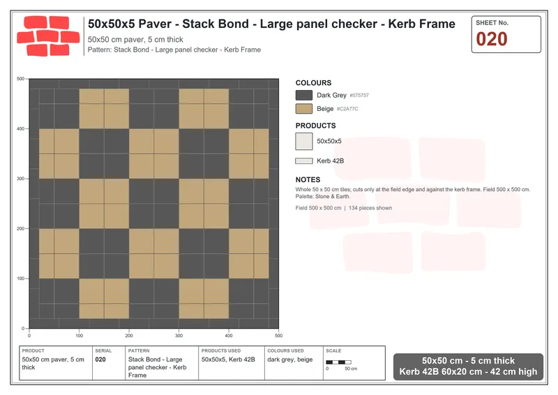 Interlock (Pasco) 50x50 cm · SQ55-20 · Stack Bond - Large panel checker - Kerb Frame · Laying plan Interlock (Pasco) 50x50 cm · SQ55-20 · Stack Bond - Large panel checker - Kerb Frame · Laying plan