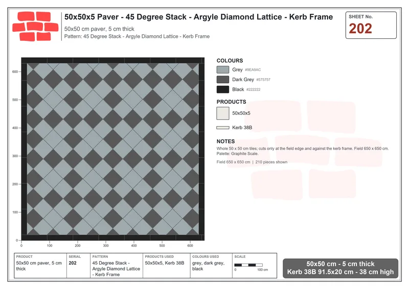Interlock (Pasco) 50x50 cm · SQ55-202 · 45 Degree Stack - Argyle Diamond Lattice - Kerb Frame · Laying plan Interlock (Pasco) 50x50 cm · SQ55-202 · 45 Degree Stack - Argyle Diamond Lattice - Kerb Frame · Laying plan