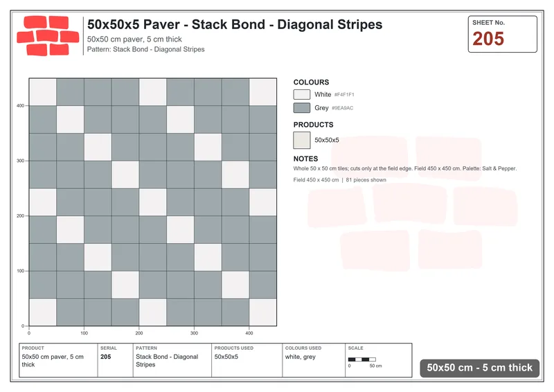 Interlock (Pasco) 50x50 cm · SQ55-205 · Stack Bond - Diagonal Stripes · Laying plan Interlock (Pasco) 50x50 cm · SQ55-205 · Stack Bond - Diagonal Stripes · Laying plan