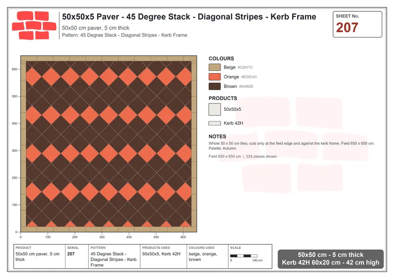 Interlock (Pasco) 50x50 cm · SQ55-207 · 45 Degree Stack - Diagonal Stripes - Kerb Frame · Laying plan Interlock (Pasco) 50x50 cm · SQ55-207 · 45 Degree Stack - Diagonal Stripes - Kerb Frame · Laying plan