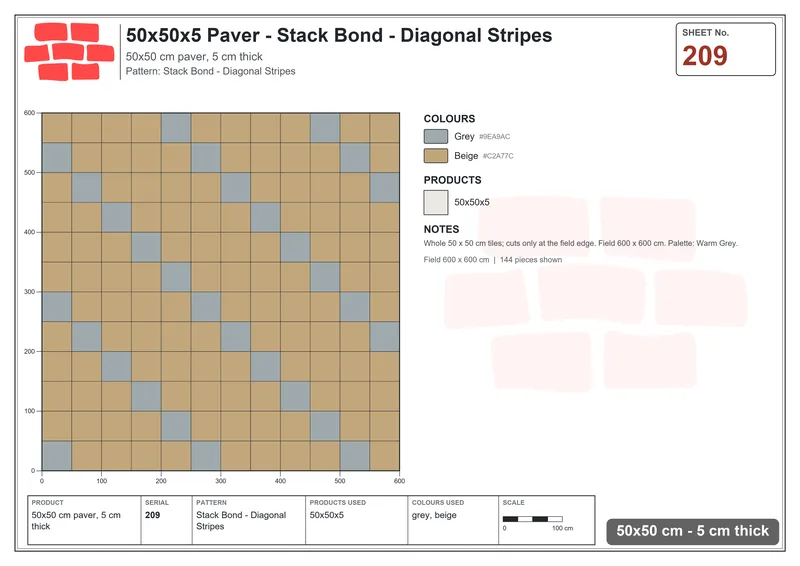 Interlock (Pasco) 50x50 cm · SQ55-209 · Stack Bond - Diagonal Stripes · Laying plan Interlock (Pasco) 50x50 cm · SQ55-209 · Stack Bond - Diagonal Stripes · Laying plan