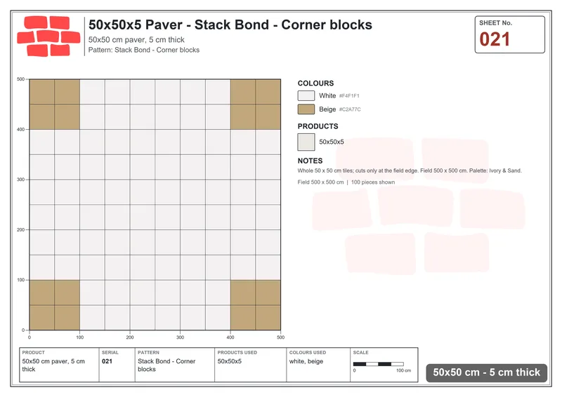 Interlock (Pasco) 50x50 cm · SQ55-21 · Stack Bond - Corner blocks · Laying plan Interlock (Pasco) 50x50 cm · SQ55-21 · Stack Bond - Corner blocks · Laying plan