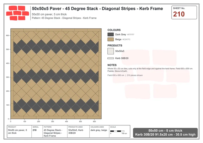 Interlock (Pasco) 50x50 cm · SQ55-210 · 45 Degree Stack - Diagonal Stripes - Kerb Frame · Laying plan Interlock (Pasco) 50x50 cm · SQ55-210 · 45 Degree Stack - Diagonal Stripes - Kerb Frame · Laying plan