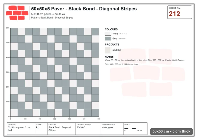Interlock (Pasco) 50x50 cm · SQ55-212 · Stack Bond - Diagonal Stripes · Laying plan Interlock (Pasco) 50x50 cm · SQ55-212 · Stack Bond - Diagonal Stripes · Laying plan