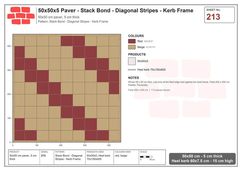 Interlock (Pasco) 50x50 cm · SQ55-213 · Stack Bond - Diagonal Stripes - Kerb Frame · Laying plan Interlock (Pasco) 50x50 cm · SQ55-213 · Stack Bond - Diagonal Stripes - Kerb Frame · Laying plan