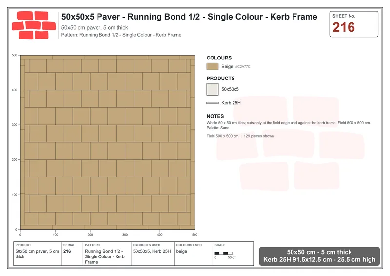 Interlock (Pasco) 50x50 cm · SQ55-216 · Running Bond 1/2 - Single Colour - Kerb Frame · Laying plan Interlock (Pasco) 50x50 cm · SQ55-216 · Running Bond 1/2 - Single Colour - Kerb Frame · Laying plan