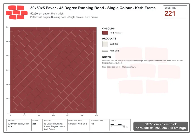 Interlock (Pasco) 50x50 cm · SQ55-221 · 45 Degree Running Bond - Single Colour - Kerb Frame · Laying plan Interlock (Pasco) 50x50 cm · SQ55-221 · 45 Degree Running Bond - Single Colour - Kerb Frame · Laying plan