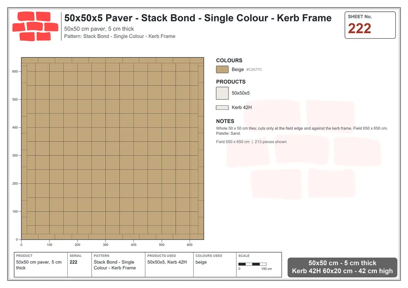 Interlock (Pasco) 50x50 cm · SQ55-222 · Stack Bond - Single Colour - Kerb Frame · Laying plan Interlock (Pasco) 50x50 cm · SQ55-222 · Stack Bond - Single Colour - Kerb Frame · Laying plan