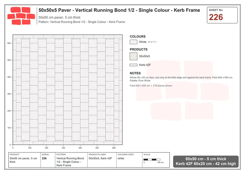 Interlock (Pasco) 50x50 cm · SQ55-226 · Vertical Running Bond 1/2 - Single Colour - Kerb Frame · Laying plan Interlock (Pasco) 50x50 cm · SQ55-226 · Vertical Running Bond 1/2 - Single Colour - Kerb Frame · Laying plan