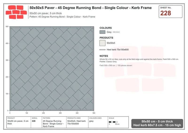 Interlock (Pasco) 50x50 cm · SQ55-228 · 45 Degree Running Bond - Single Colour - Kerb Frame · Laying plan Interlock (Pasco) 50x50 cm · SQ55-228 · 45 Degree Running Bond - Single Colour - Kerb Frame · Laying plan