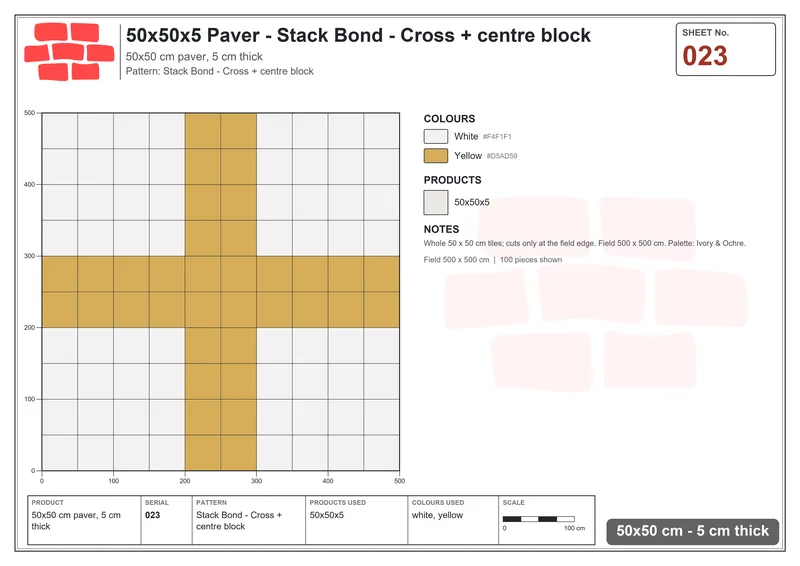 Interlock (Pasco) 50x50 cm · SQ55-23 · Stack Bond - Cross + centre block · Laying plan Interlock (Pasco) 50x50 cm · SQ55-23 · Stack Bond - Cross + centre block · Laying plan