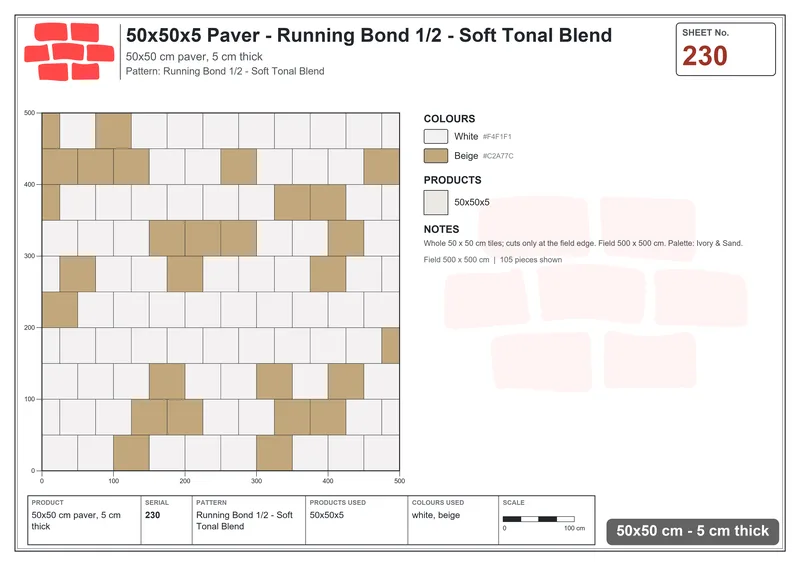 Interlock (Pasco) 50x50 cm · SQ55-230 · Running Bond 1/2 - Soft Tonal Blend · Laying plan Interlock (Pasco) 50x50 cm · SQ55-230 · Running Bond 1/2 - Soft Tonal Blend · Laying plan
