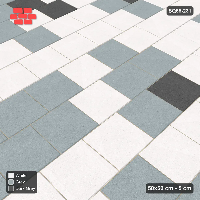 Interlock (Pasco) 50x50 cm · SQ55-231 · Vertical Running Bond 1/2 - Soft Tonal Blend - Kerb Frame · Side view Interlock (Pasco) 50x50 cm · SQ55-231 · Vertical Running Bond 1/2 - Soft Tonal Blend - Kerb Frame · Side view